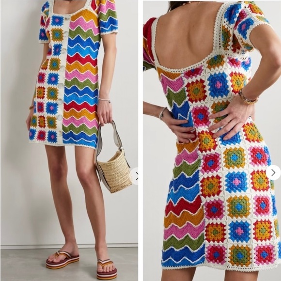 FARM Rio Dresses & Skirts - NEW FARM Rio Mixed Textures Crochet Granny Square Zigzag Dress Multicolor Size S
